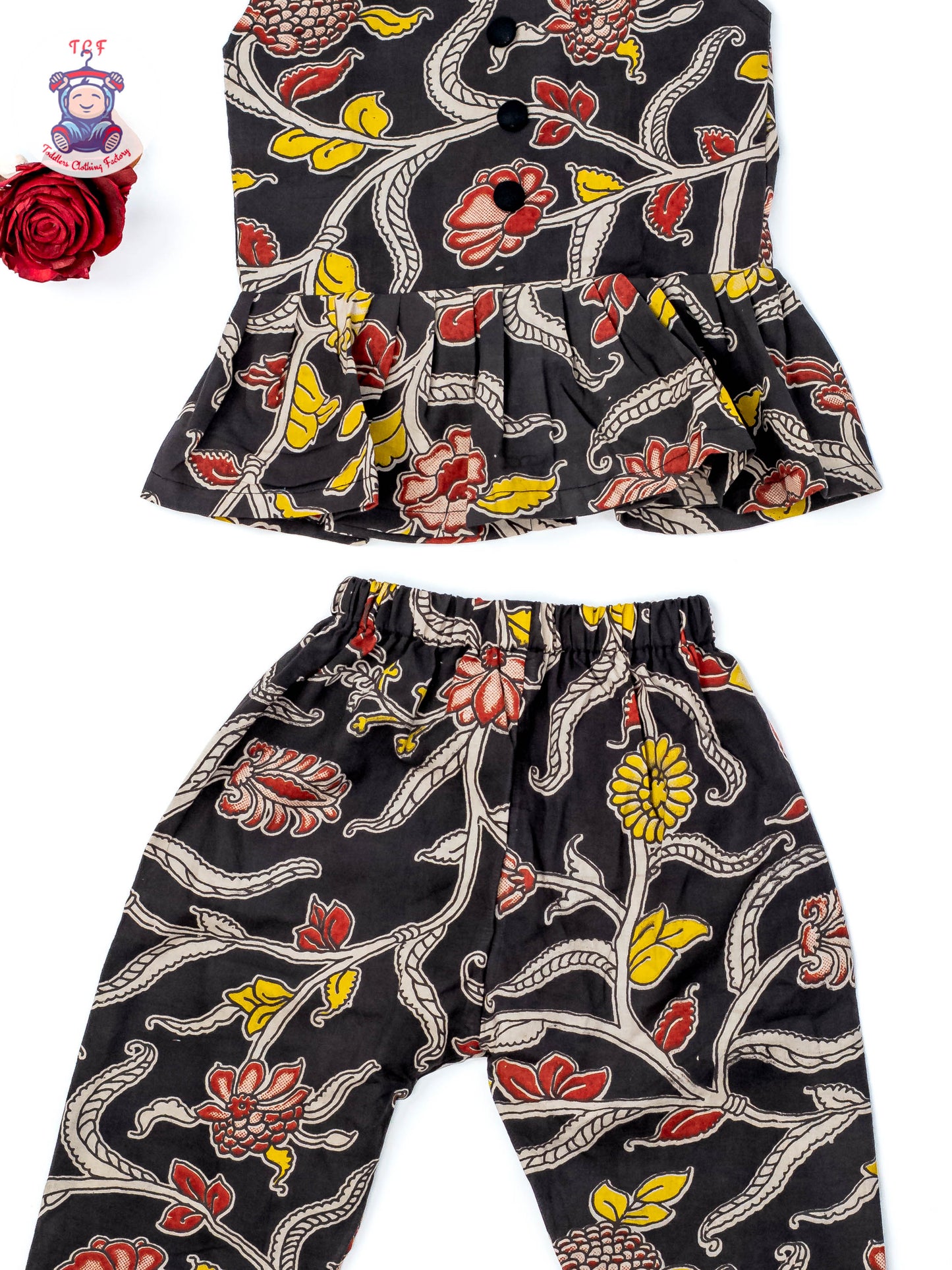 Black - Girls Readymade Floral Printed Kalamakari Sets