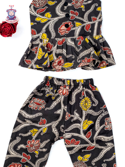 Black - Girls Readymade Floral Printed Kalamakari Sets