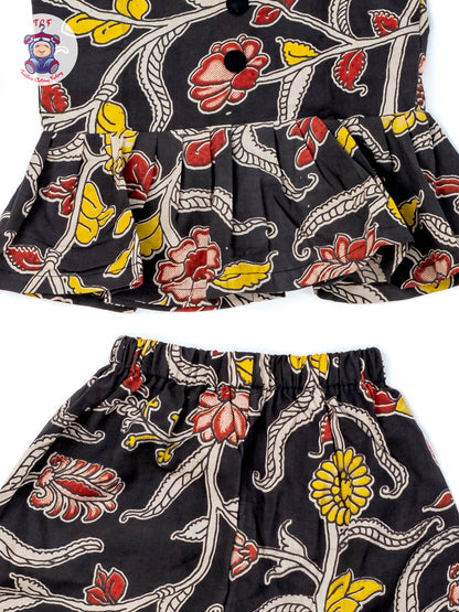 Black - Girls Readymade Floral Printed Kalamakari Sets