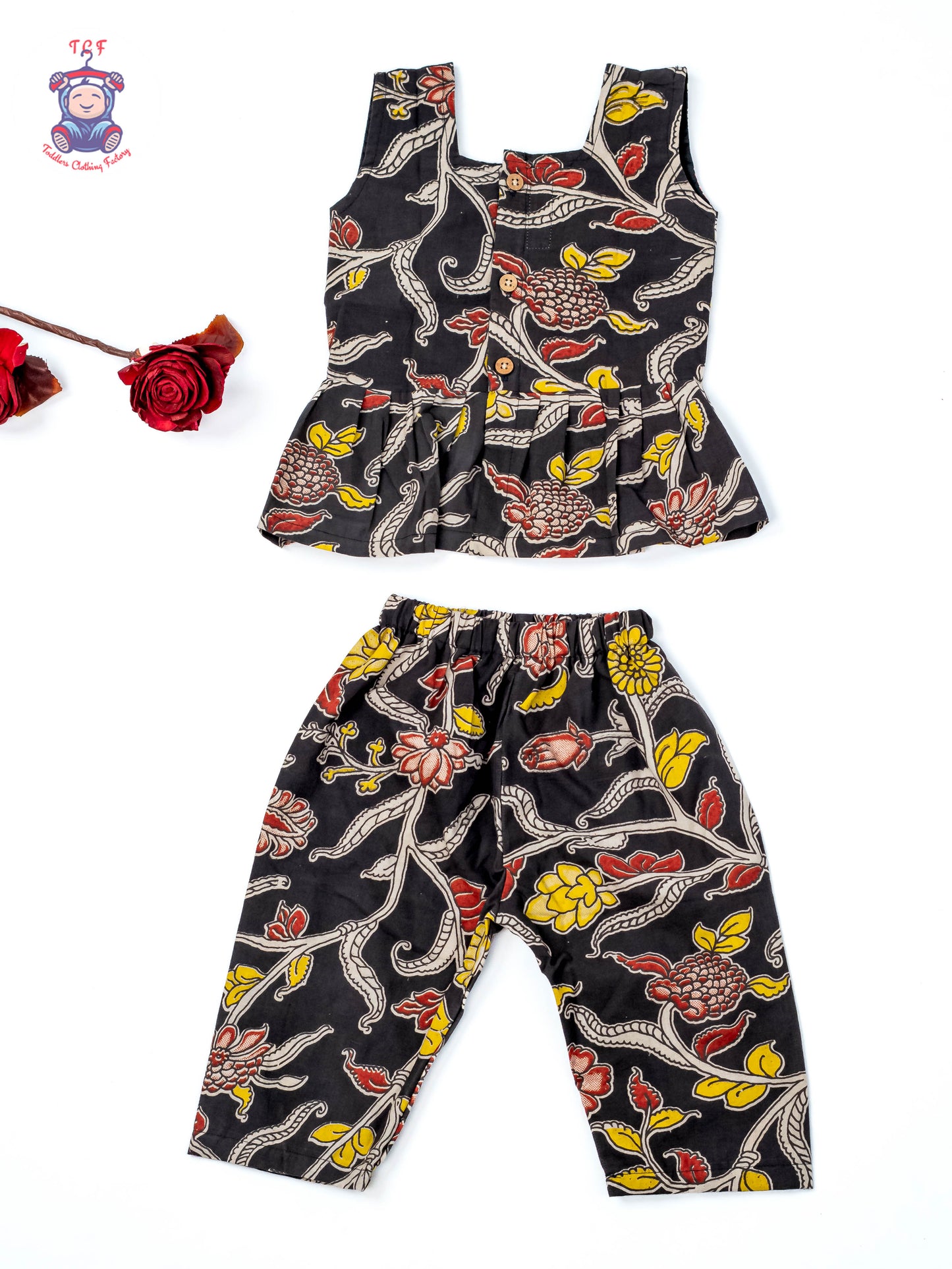 Black - Girls Readymade Floral Printed Kalamakari Sets