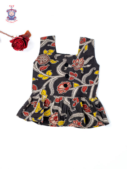 Black - Girls Readymade Floral Printed Kalamakari Sets