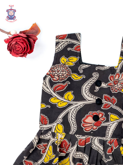 Black - Girls Readymade Floral Printed Kalamakari Sets