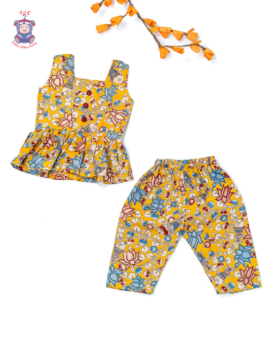 Mustard - Girls Readymade Floral Printed Kalamakari Sets