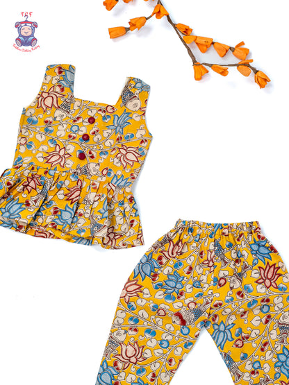 Mustard - Girls Readymade Floral Printed Kalamakari Sets