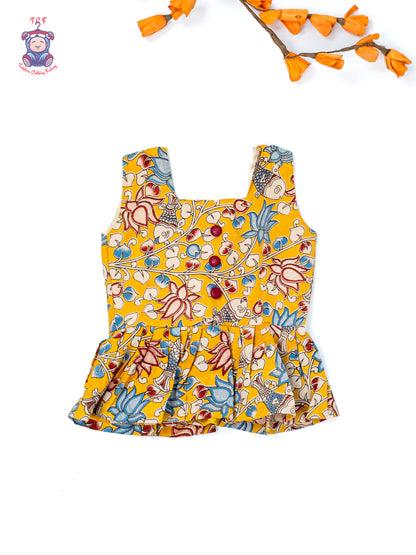 Mustard - Girls Readymade Floral Printed Kalamakari Sets