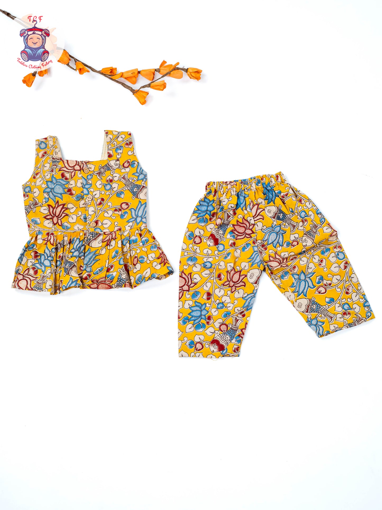 Mustard - Girls Readymade Floral Printed Kalamakari Sets