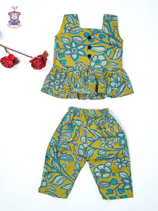 Green - Girls Readymade Floral Printed Kalamakari Sets