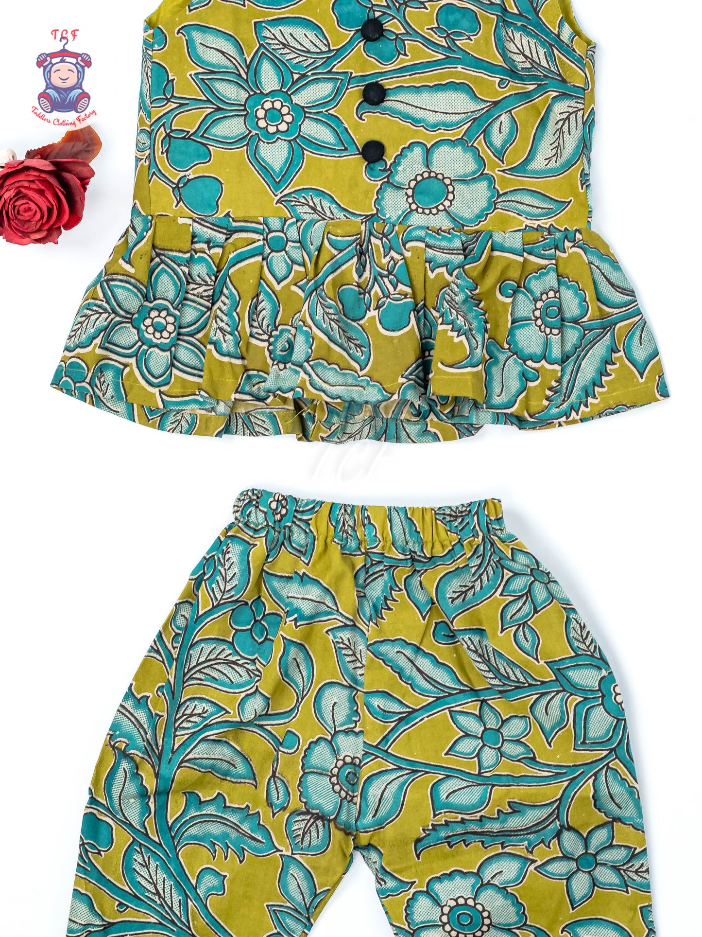 Green - Girls Readymade Floral Printed Kalamakari Sets