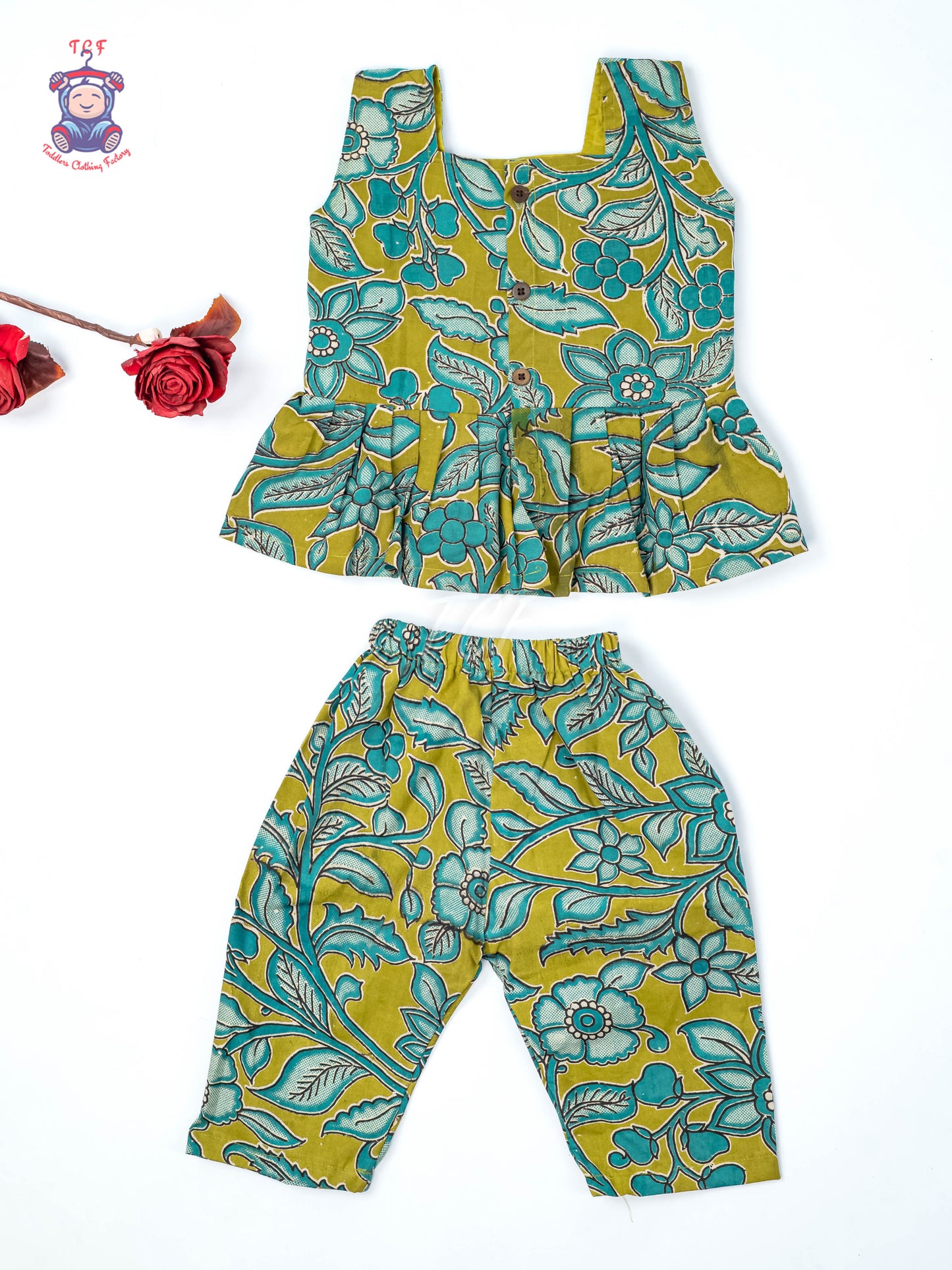 Green - Girls Readymade Floral Printed Kalamakari Sets