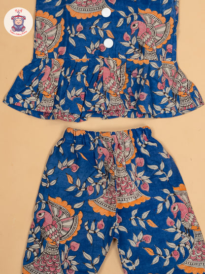 Blue - Girls Floral Printed Kalamkari Co-ords Sets