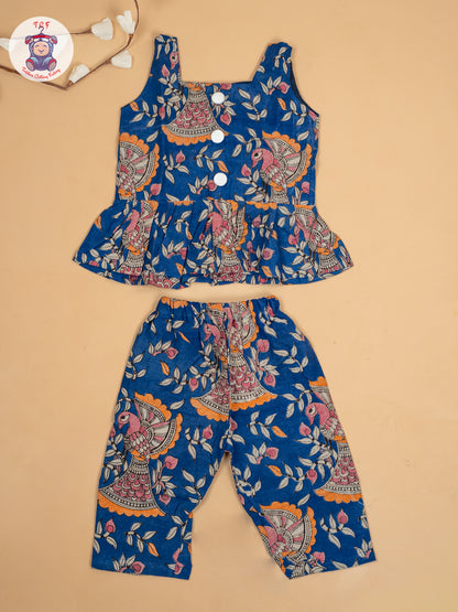 Blue - Girls Floral Printed Kalamkari Co-ords Sets