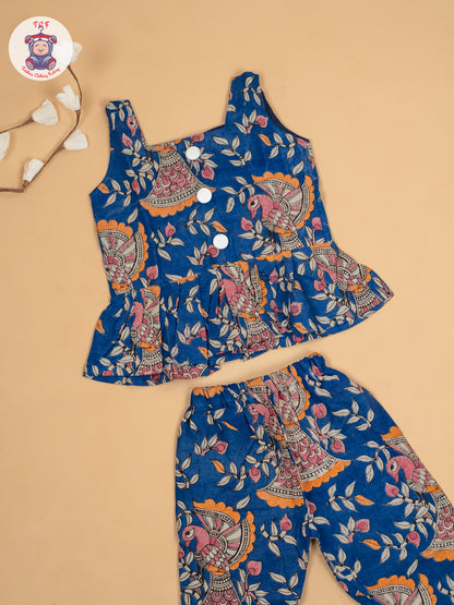 Blue - Girls Floral Printed Kalamkari Co-ords Sets