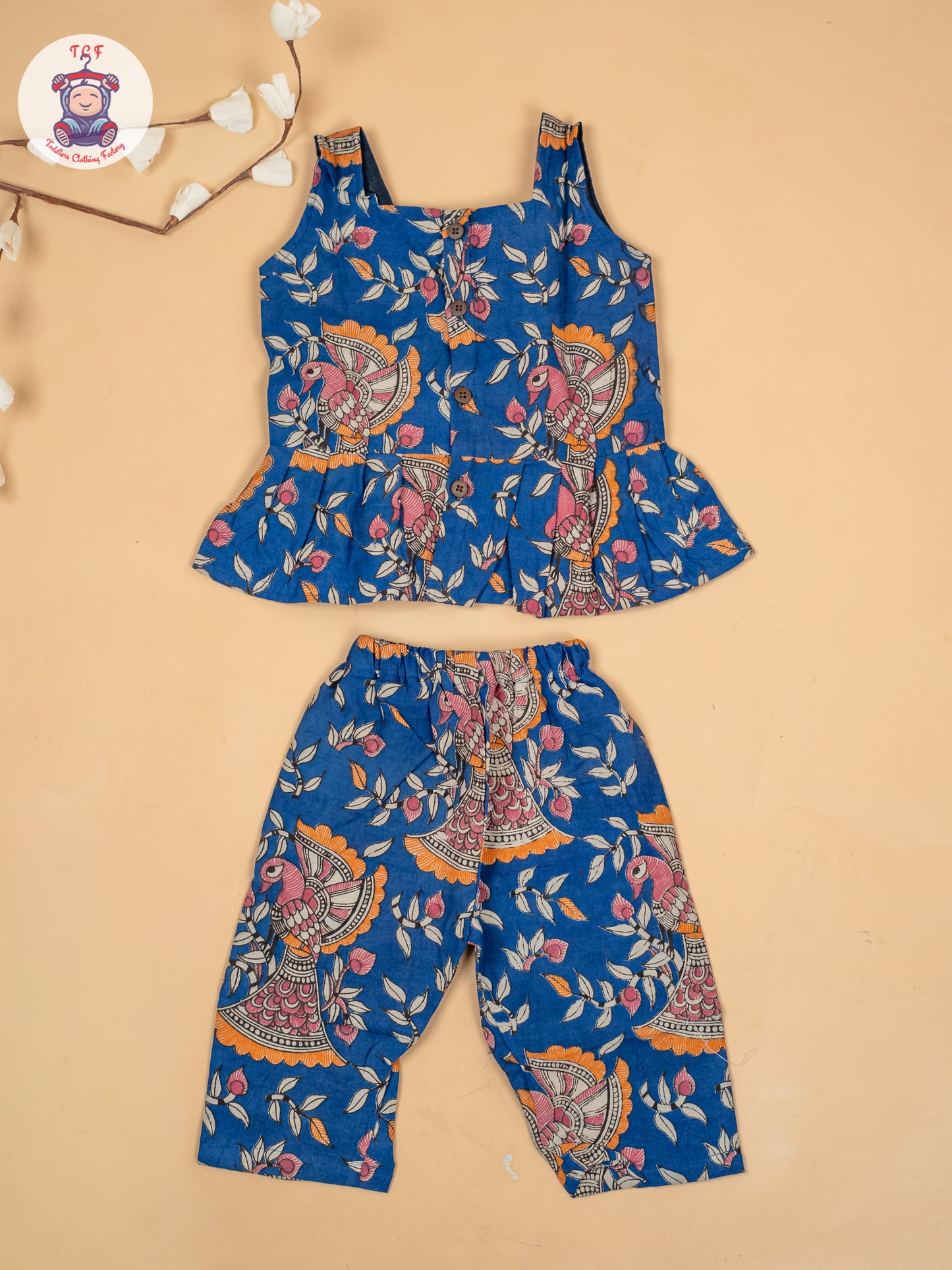 Blue - Girls Floral Printed Kalamkari Co-ords Sets