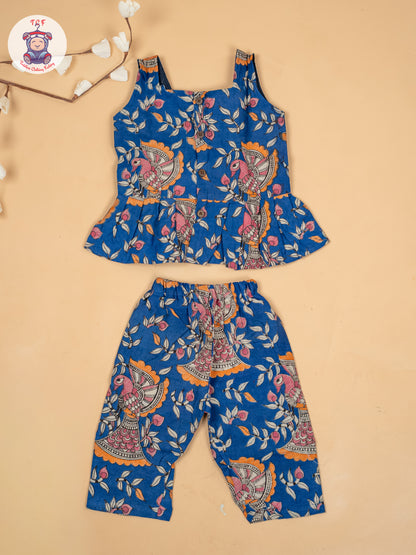 Blue - Girls Floral Printed Kalamkari Co-ords Sets