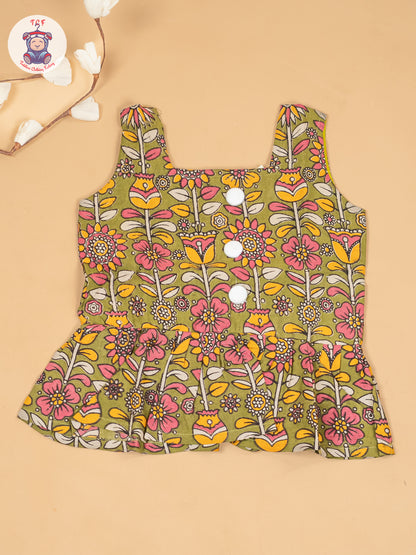 Mehandi Green  - Girls Floral Printed Kalamkari Co-ords Sets