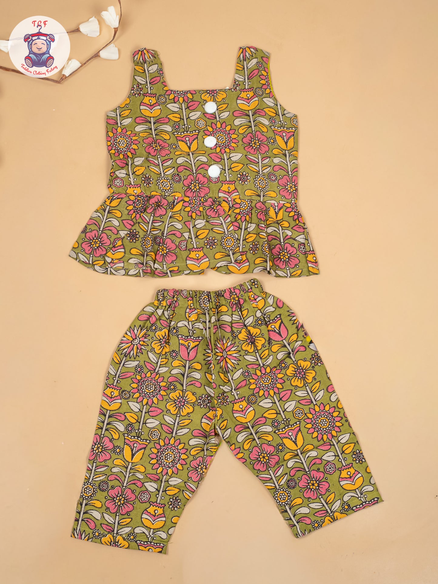 Mehandi Green  - Girls Floral Printed Kalamkari Co-ords Sets