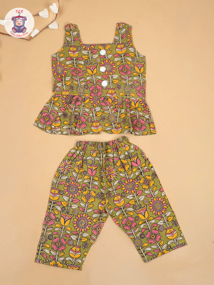 Mehandi Green  - Girls Floral Printed Kalamkari Co-ords Sets