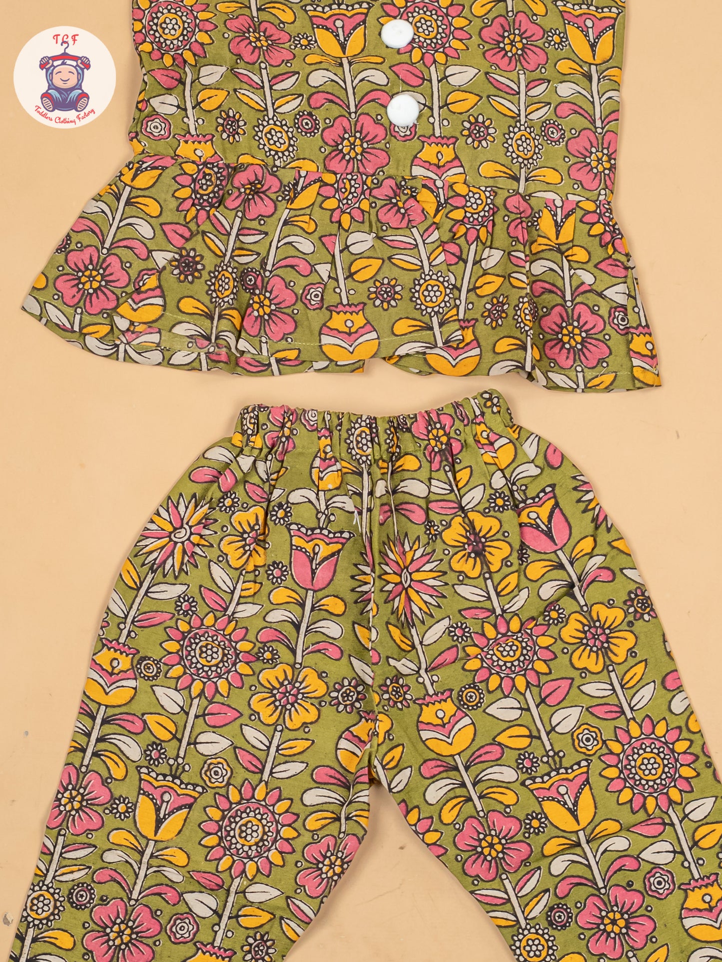 Mehandi Green  - Girls Floral Printed Kalamkari Co-ords Sets