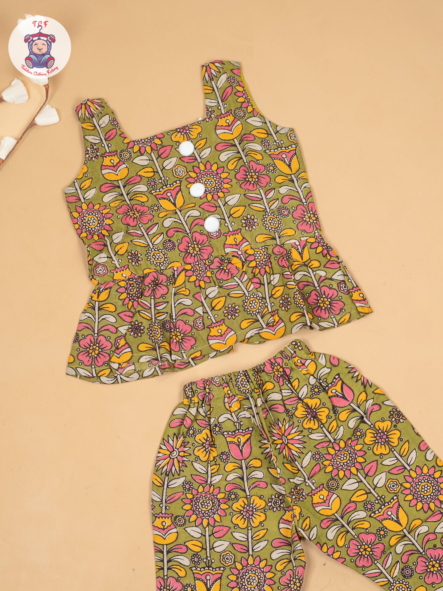 Mehandi Green  - Girls Floral Printed Kalamkari Co-ords Sets