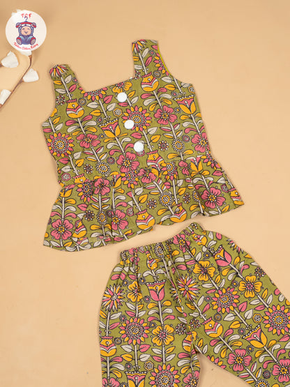 Mehandi Green  - Girls Floral Printed Kalamkari Co-ords Sets