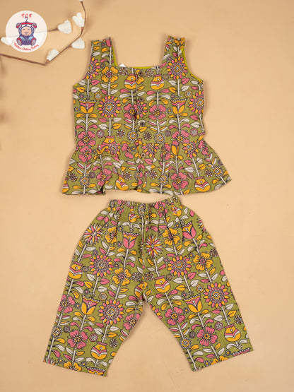 Mehandi Green  - Girls Floral Printed Kalamkari Co-ords Sets