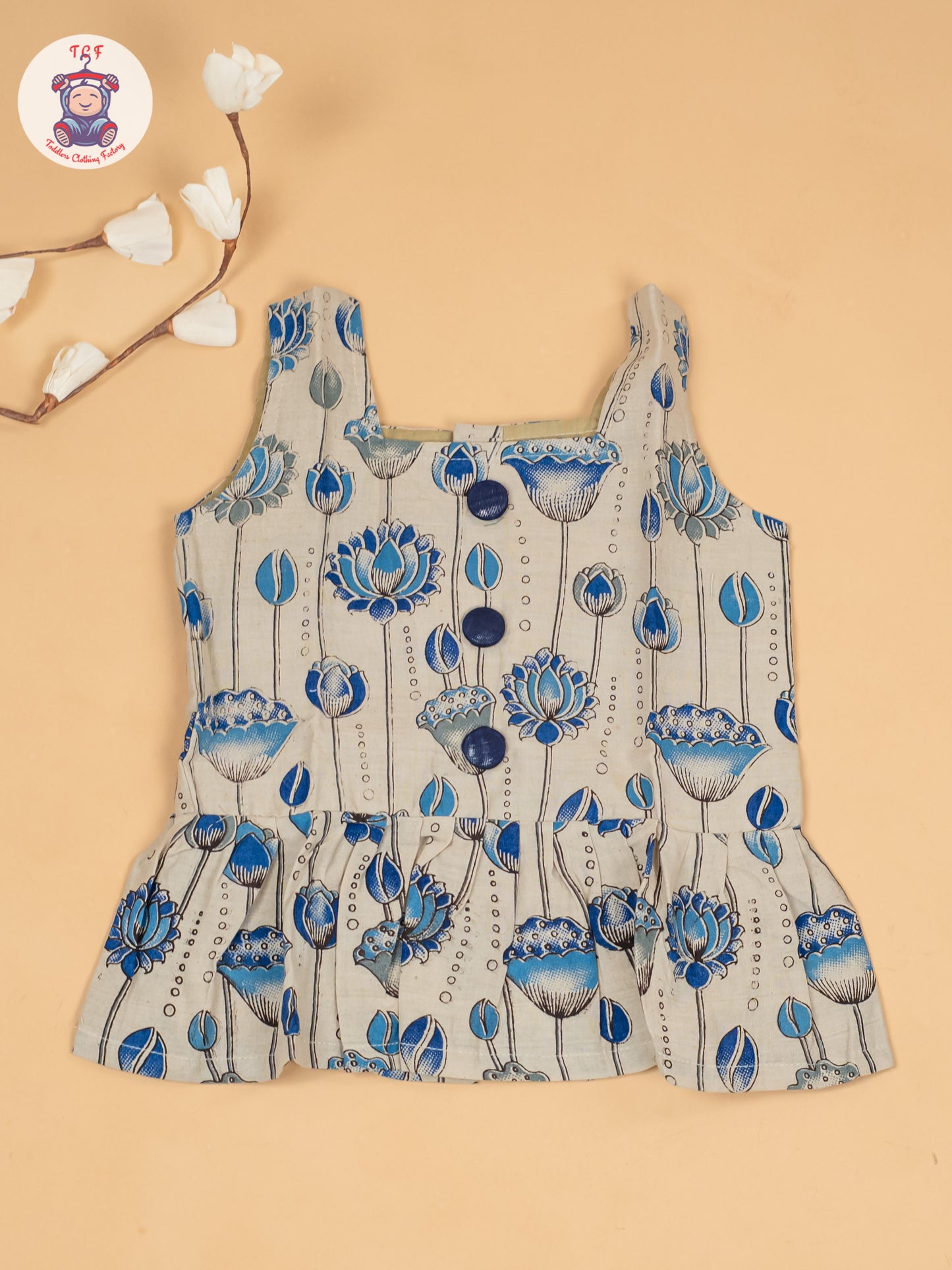 White & Blue  - Girls Floral Printed Kalamkari Co-ords Sets
