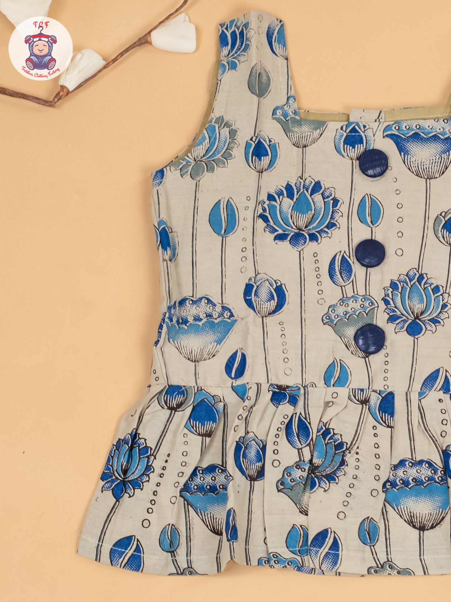 White & Blue  - Girls Floral Printed Kalamkari Co-ords Sets