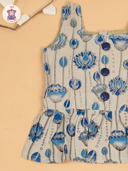 White & Blue  - Girls Floral Printed Kalamkari Co-ords Sets