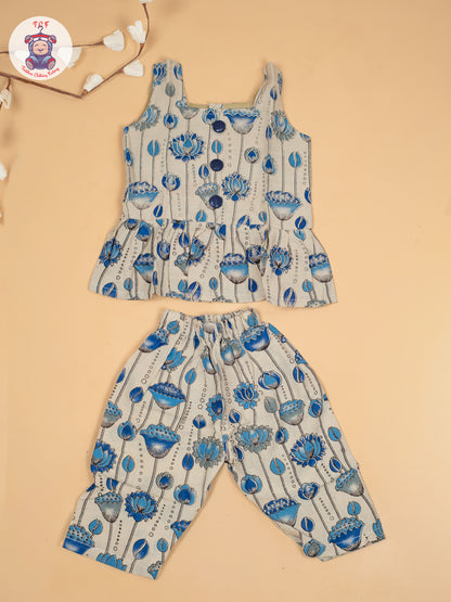 White & Blue  - Girls Floral Printed Kalamkari Co-ords Sets