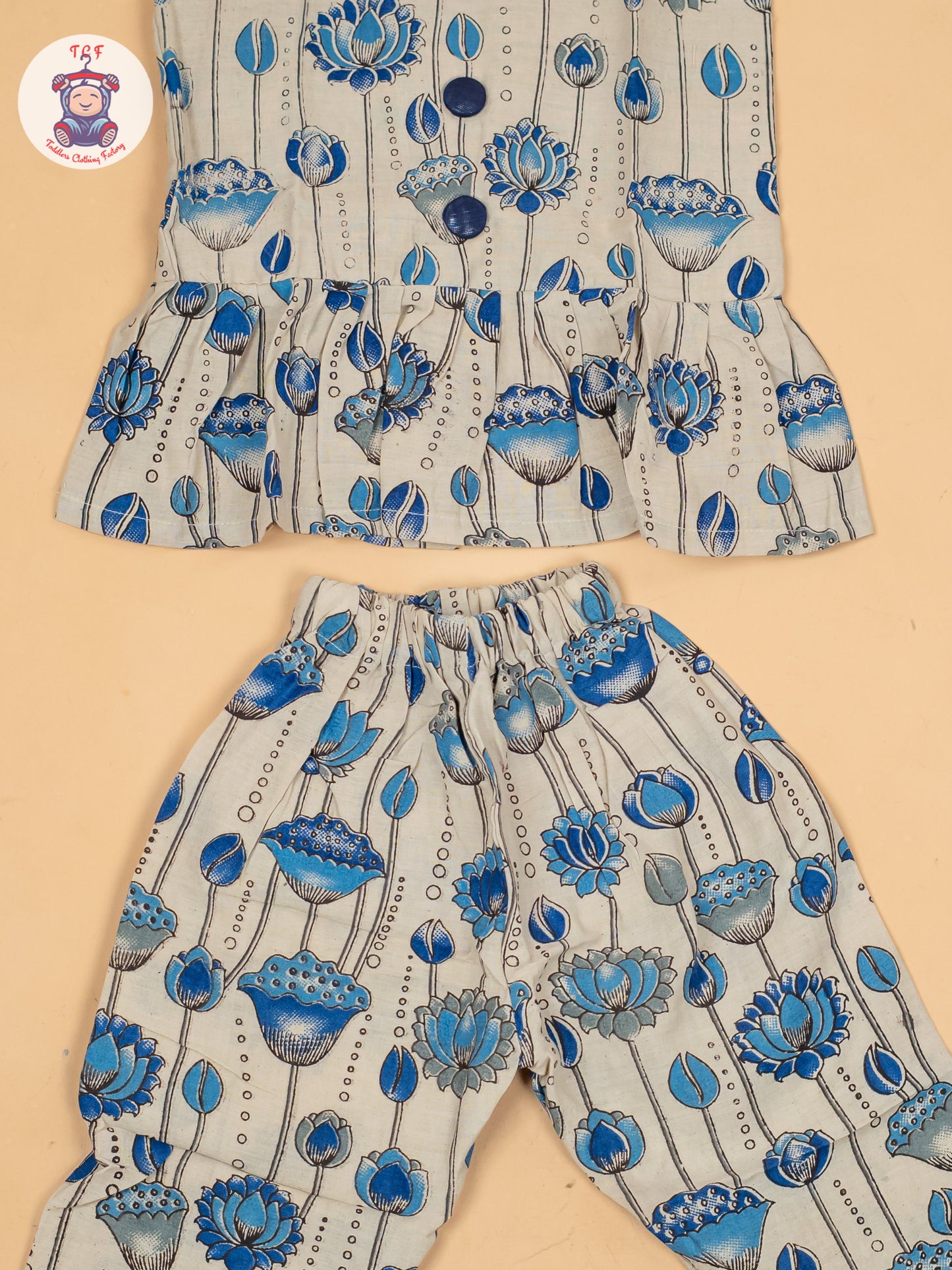 White & Blue  - Girls Floral Printed Kalamkari Co-ords Sets