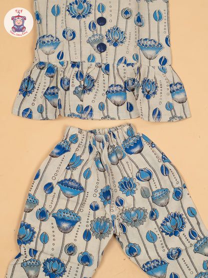White & Blue  - Girls Floral Printed Kalamkari Co-ords Sets