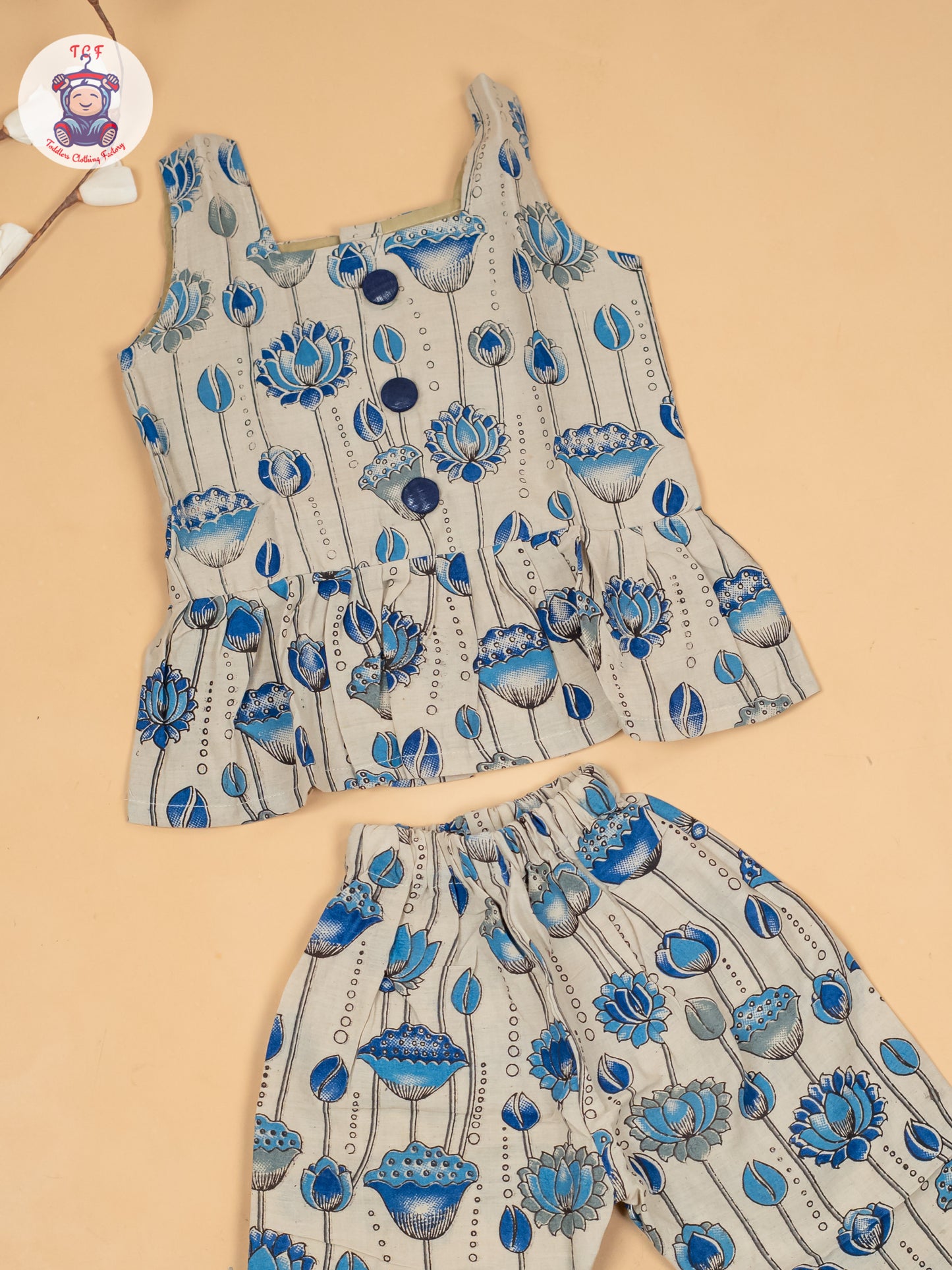 White & Blue  - Girls Floral Printed Kalamkari Co-ords Sets