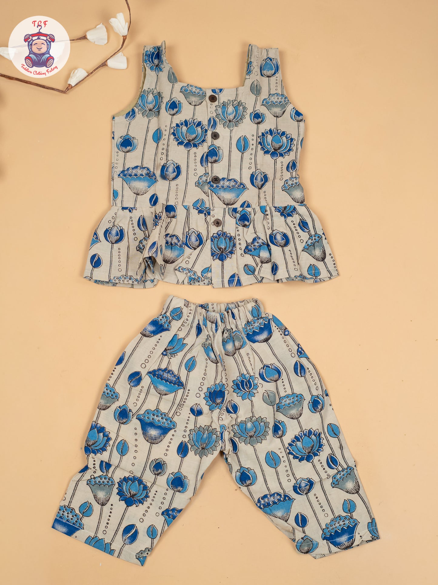 White & Blue  - Girls Floral Printed Kalamkari Co-ords Sets