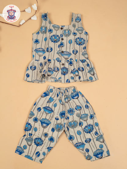 White & Blue  - Girls Floral Printed Kalamkari Co-ords Sets