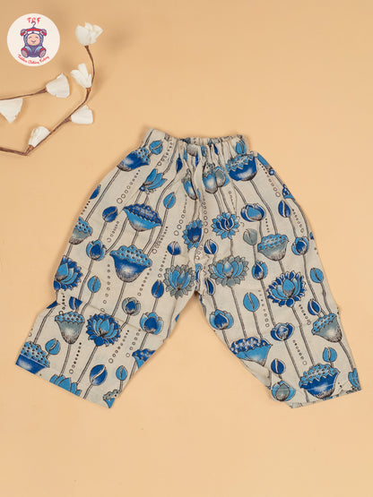White & Blue  - Girls Floral Printed Kalamkari Co-ords Sets