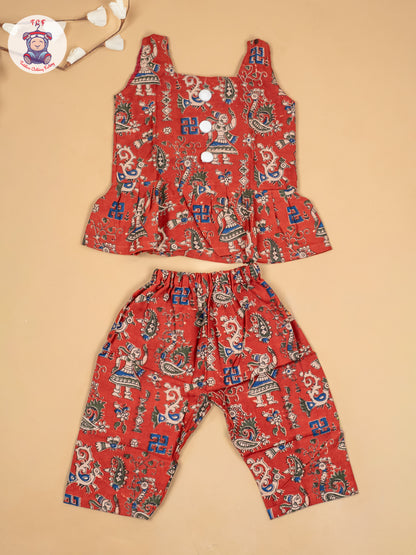 Maroon - Girls Ajrakh Printed Kalamkari Co-ords Sets