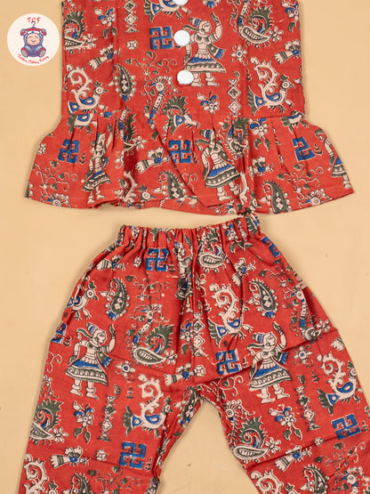 Maroon - Girls Ajrakh Printed Kalamkari Co-ords Sets
