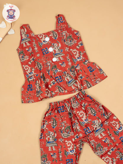 Maroon - Girls Ajrakh Printed Kalamkari Co-ords Sets