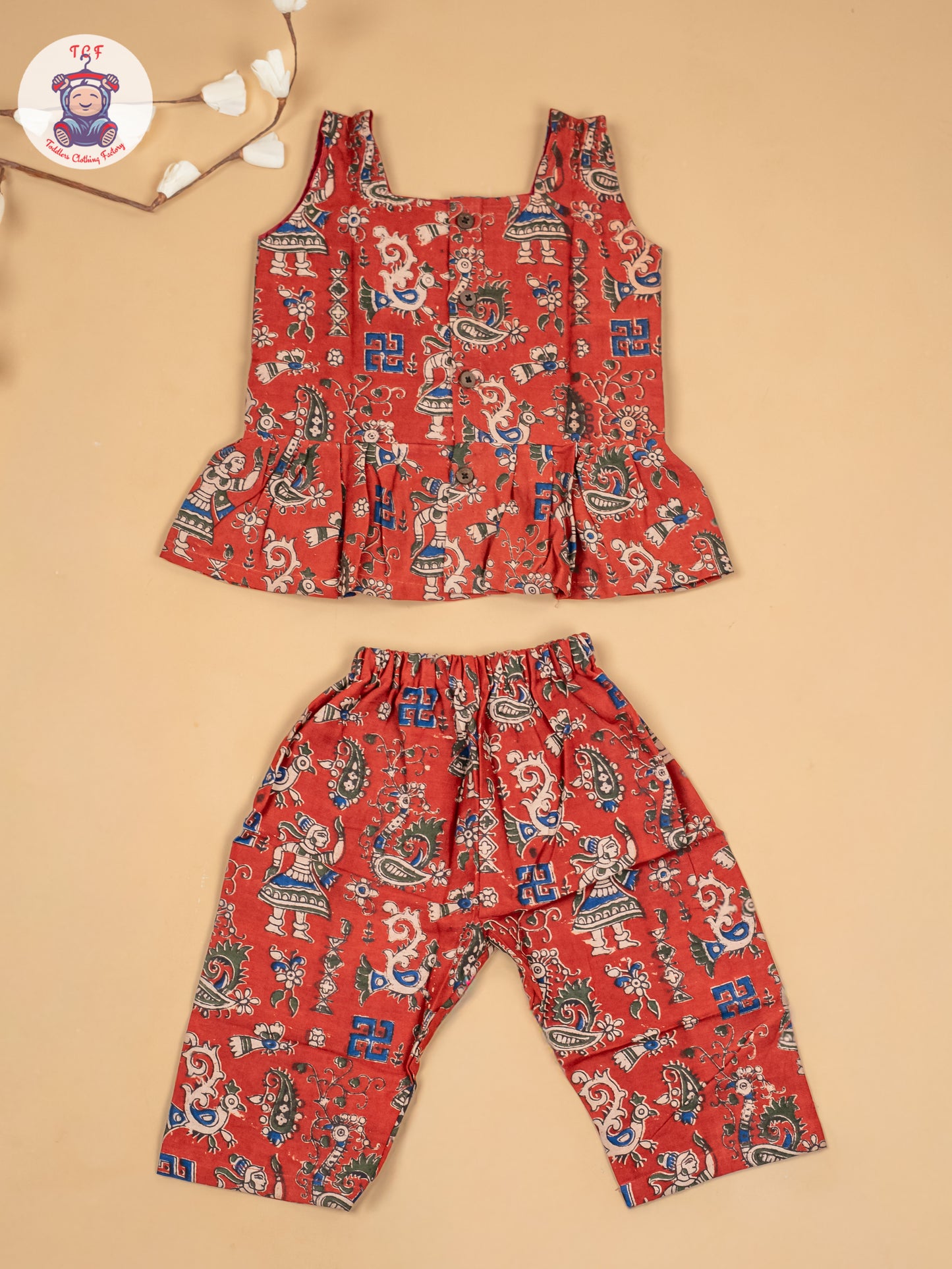 Maroon - Girls Ajrakh Printed Kalamkari Co-ords Sets
