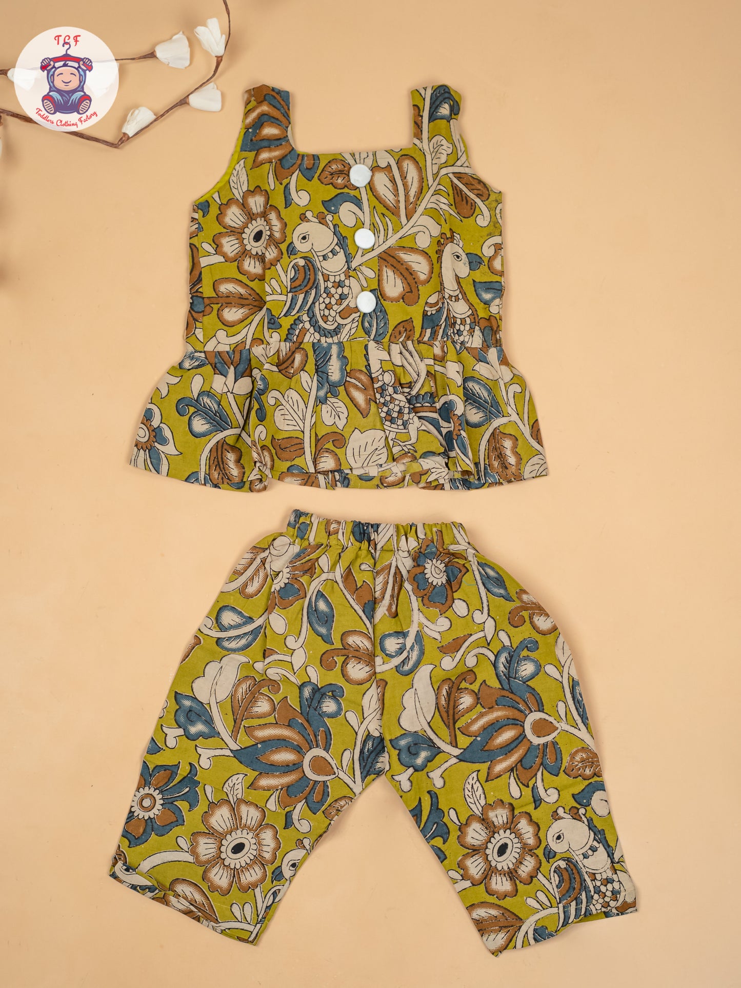 Light Green  - Girls Floral Printed Kalamkari Co-ords Sets