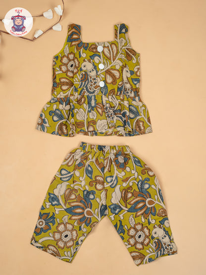 Light Green  - Girls Floral Printed Kalamkari Co-ords Sets