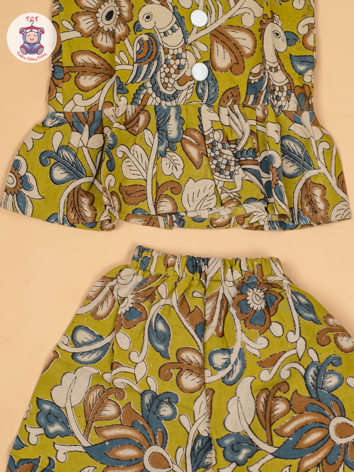 Light Green  - Girls Floral Printed Kalamkari Co-ords Sets