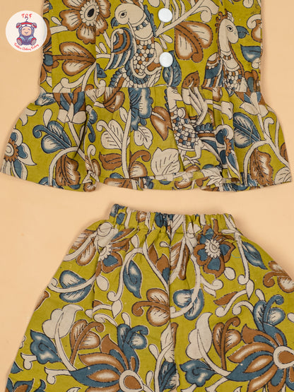 Light Green  - Girls Floral Printed Kalamkari Co-ords Sets
