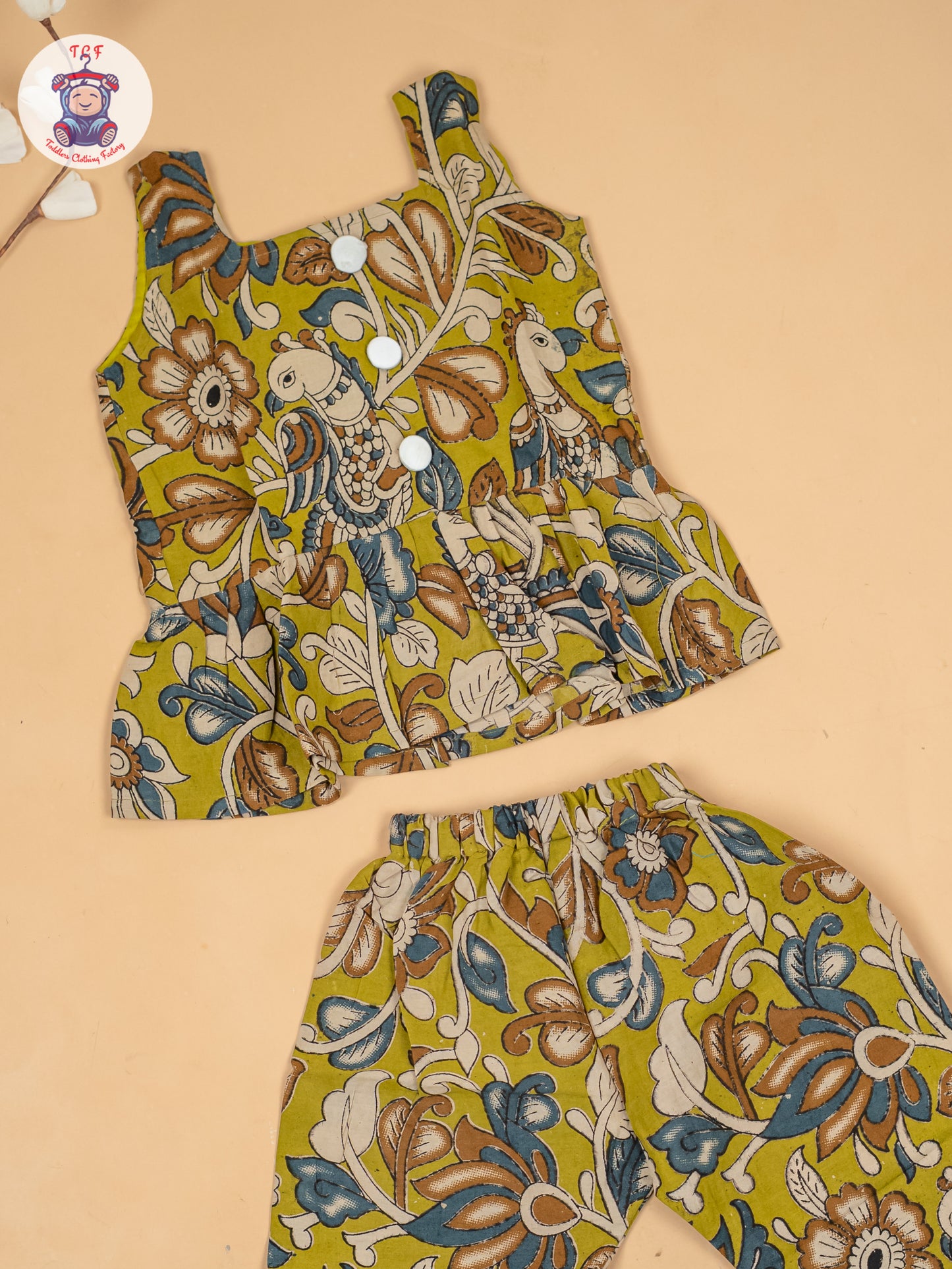 Light Green  - Girls Floral Printed Kalamkari Co-ords Sets