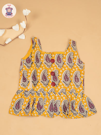 Yellow - Girls Ajrakh Printed Kalamkari Co-ords Sets