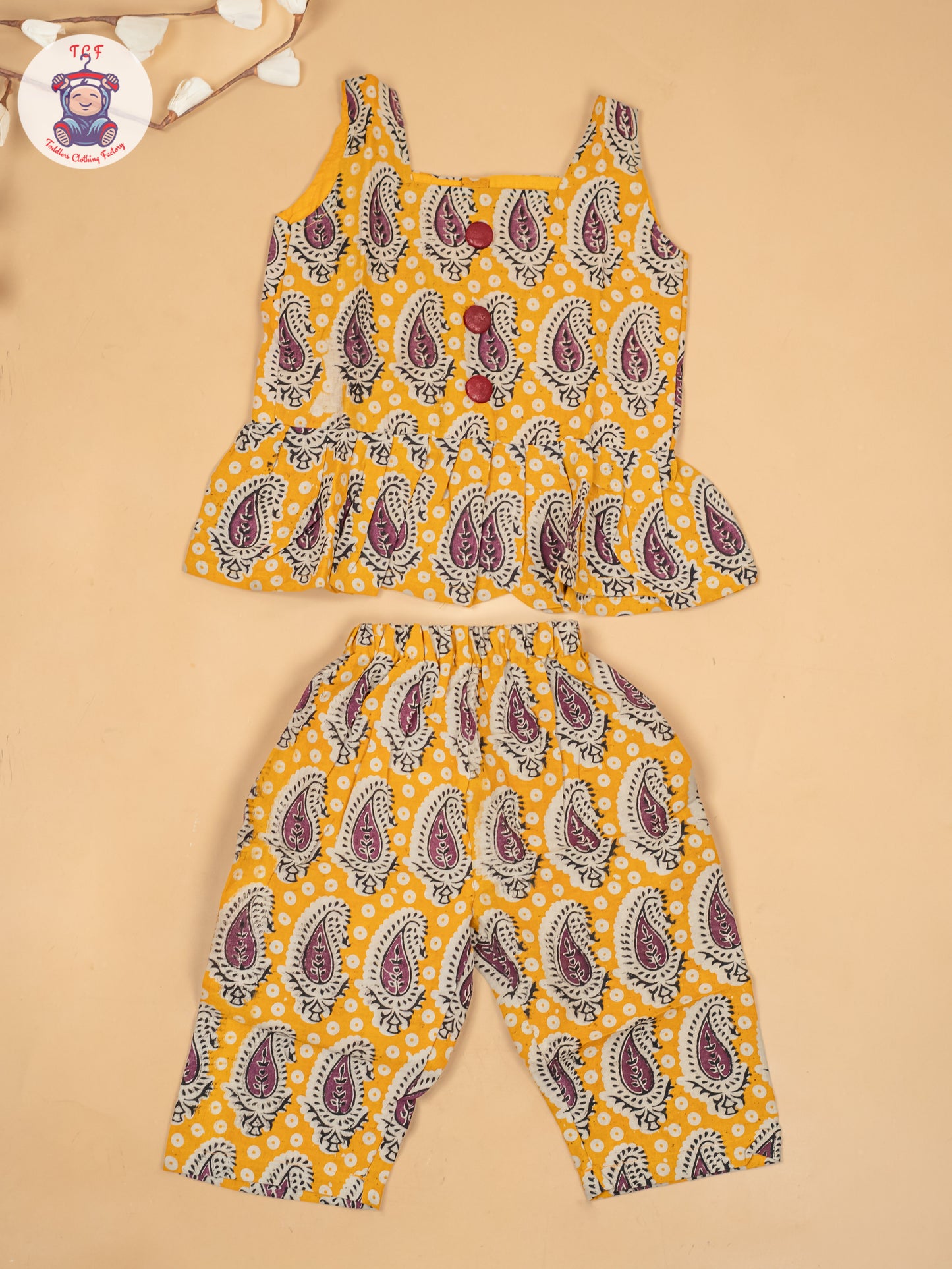 Yellow - Girls Ajrakh Printed Kalamkari Co-ords Sets
