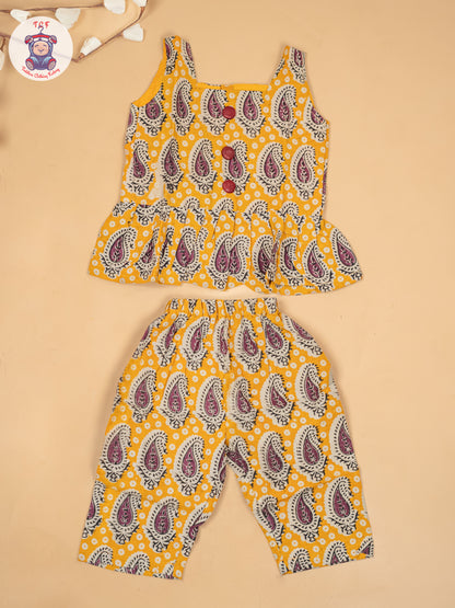 Yellow - Girls Ajrakh Printed Kalamkari Co-ords Sets
