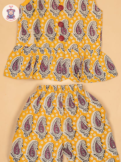 Yellow - Girls Ajrakh Printed Kalamkari Co-ords Sets