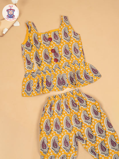 Yellow - Girls Ajrakh Printed Kalamkari Co-ords Sets