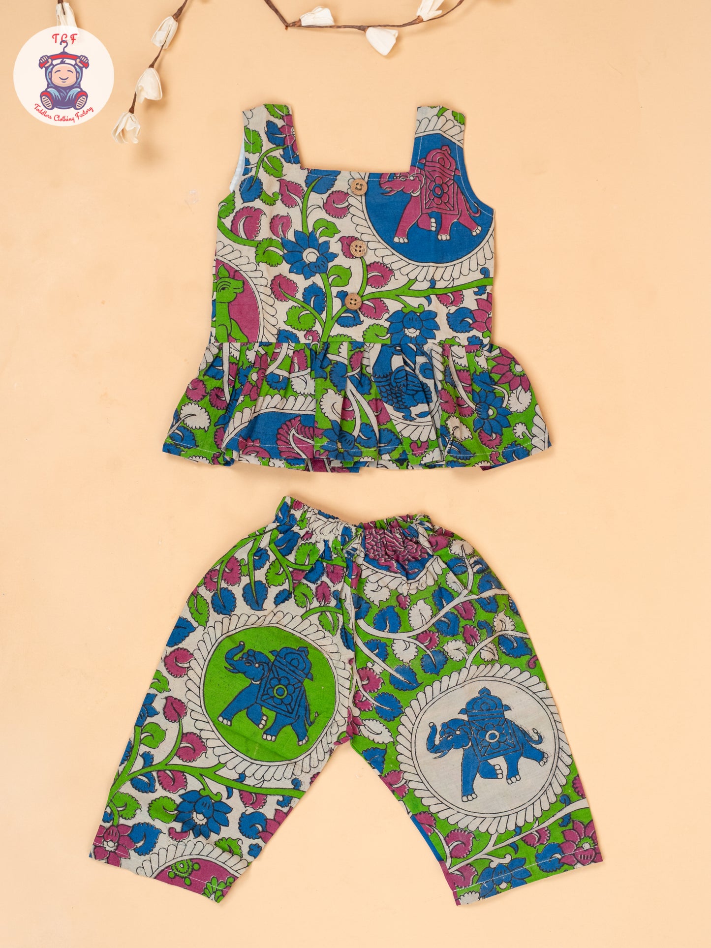 Green - Girls Floral Printed Kalamkari Co-ords Sets